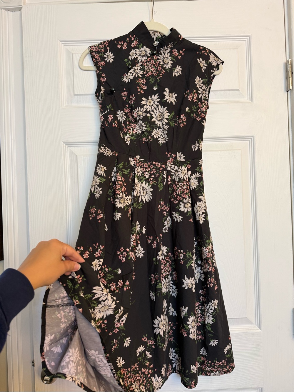 Black Floral A-Line Midi Dress with Mandarin Collar